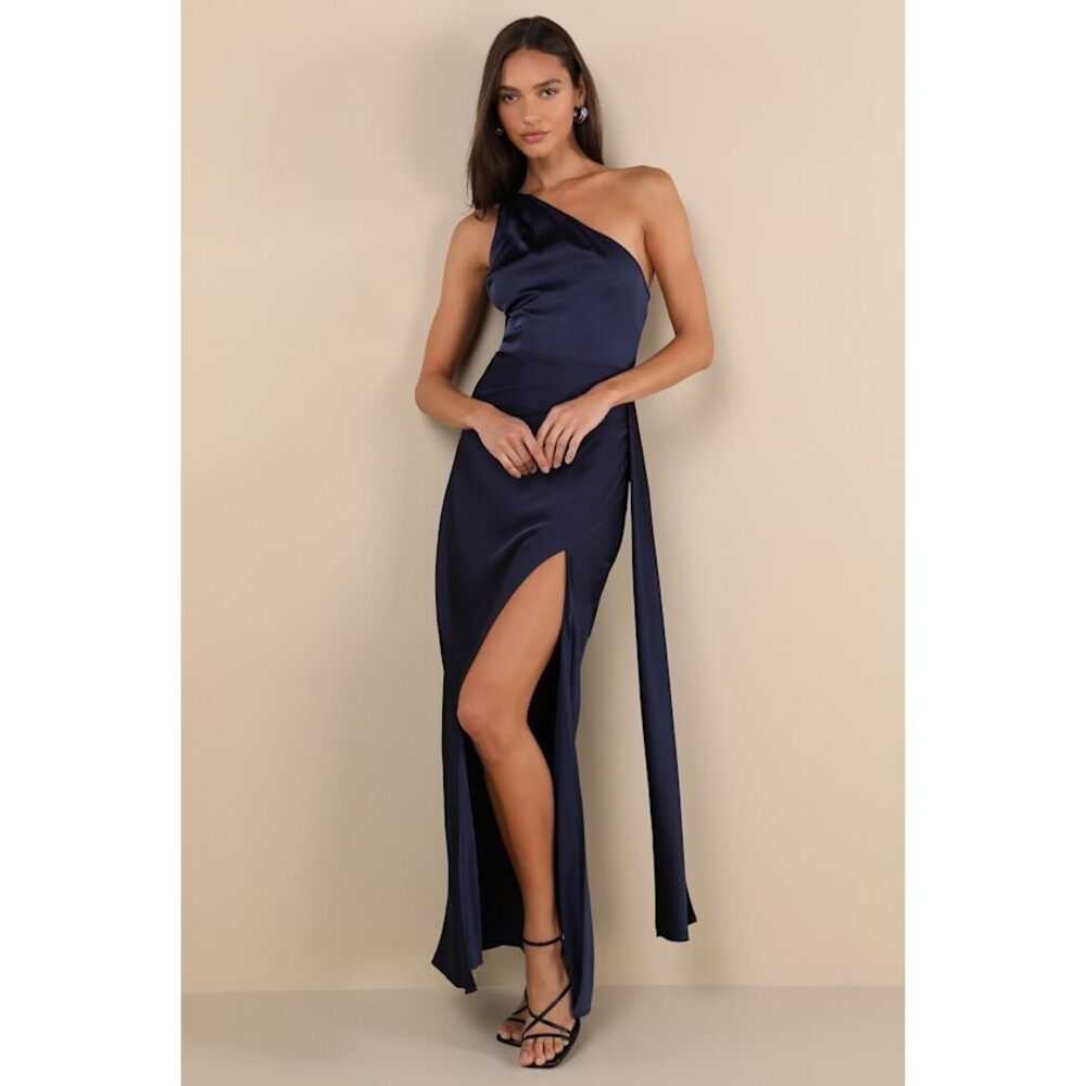 Lulus Signature Elegance Navy Satin One-shoulder Maxi Dress Blue - Size M